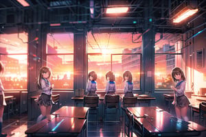 Five girls pose for a selfie in a bright and airy classroom, illuminated by overhead fluorescent lights and large windows. The warm glow of brown-toned lamps adds depth to the scene. Wearing identical school uniforms, they sit in a row on desks, smiling directly at the camera. Framed by the rectangular windows, their faces are bathed in a soft, natural light.