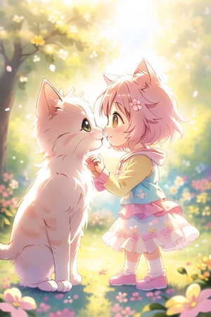 A heartwarming scene of a cute, fluffy kitten meeting a young girl in a charming, pastel-colored park. The kitten, with big, curious eyes and playful whiskers, stands on its hind legs, reaching out towards the girl who kneels with a gentle smile, extending her hand. The park is filled with blooming flowers and a gentle breeze, adding a whimsical touch. The composition is centered on the interaction, with soft, warm lighting enhancing the joyful, innocent atmosphere. The girl's outfit is colorful and playful, matching the cheerful setting. The framing captures both the girl and the kitten in a close, intimate moment, highlighting their budding friendship.