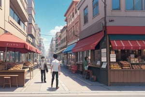 anime-style digital scene set in a bustling city, a boy joyfully buying donuts from a street vendor as a girl watches him from a park bench