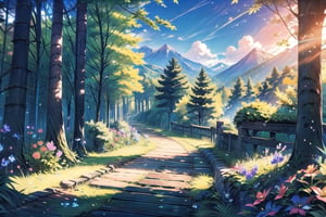 A serene forest landscape on a sunny day. A tall tree stands sentinel amidst lush green grass, its trunk adorned with vibrant flowers. The blue sky above is dotted with wispy clouds, casting dappled shadows on the foliage. In the distance, a winding mountain road disappears behind a wooden fence, while a meandering path stretches out into the forest, inviting exploration.
