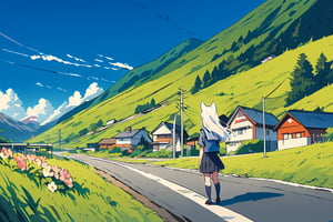 1girl, solo, long hair, skirt, shirt, animal ears, school uniform, standing, flower, white hair, pleated skirt, outdoors, sky, serafuku, day, socks, cloud, black skirt, sailor collar, from behind, tree, blue sky, kneehighs, grass, building, scenery, mountain, facing away, road, house