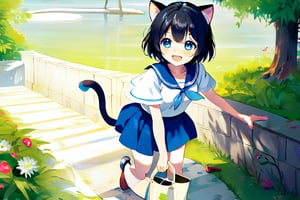 1girl, solo, looking at viewer, blush, smile, short hair, open mouth, bangs, blue eyes, black hair, hair ornament, dress, holding, animal ears, standing, tail, full body, flower, short sleeves, :d, outdoors, day, socks, fang, cat ears, hair flower, sailor collar, bag, white dress, tree, cat tail, animal ear fluff, :3, animal, sandals, cat, standing on one leg, grass, bug, white flower, cat girl, white socks, blue sailor collar, butterfly, sailor dress, shoulder bag, yellow flower, female child, holding animal, white cat