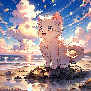 A solo feline figure sits proudly on a sun-kissed rock, its fur aglow with a gentle blush as it smiles warmly at the bright blue sky. Its open mouth reveals pearly whites as it seemingly savors the warmth and freedom of being outdoors. The surrounding landscape is bathed in warm light, with fluffy white clouds drifting lazily across the cerulean expanse. A serene reflection of the cat's joyful pose is mirrored perfectly on the still waters below, a peaceful symphony of nature and whimsy.