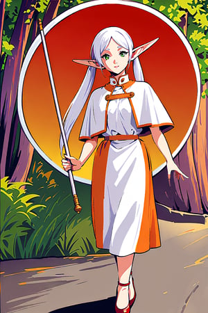 score_9, score_8_up, score_7_up, score_6_up, score_5_up, score_4_up, 1girl frieren, lora:frieren-PD-1.0:1, holding staff, full body, white dress, capelet, tree, dirt path, beautiful smile, head tilt, 1girl, pointy ears, solo, petite, female elf, green eyes, thick eyebrows, long white hair parted in the middle and tied into two high pigtails, long hair, breasts, looking at viewer, detailed background, medium breasts, detailed dress, fair skin, lips, beautiful mouth, retro artstyle, traditional media, painting medium, masterpiece, highly detailed, dynamic pose, thoughtful composition, professional painting, attention to detail, 