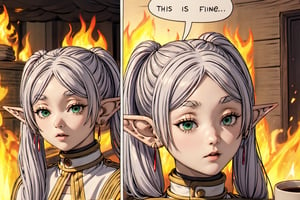 Highly detailed, High Quality, Masterpiece, beautiful, IncrsThisIsFineMeme, lora:ThisIsFineMeme-10:1.2, 1girl, fire, mug, Frieren, anime lineart, 1girl, long hair, pointy ears, elf, green eyes, grey hair, twintails, bangs, parted bangs, ponytail, white hair, earrings, thick eyebrows, Lora:[PONY XL] Frieren - v1.0:1,