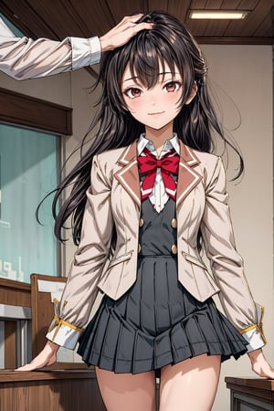 Highly detailed, High Quality, Masterpiece, beautiful, HeadpatPOV, lora:HeadpatPOV:1, 1girl, solo, Background, dynamic pose, standing, white jacket, long sleeves, pleated skirt, school uniform, shirt, red bowtie, lora:Yuki_Suou_Roshidere-KK77-V1:0.7,black skirt, black eyes, black hair, bangs, Long hair, smirk, ^_^, black hair, long hair, shirt, white shirt, red eyes, lora:more_details:0.1, detailed background, indoors, high school student council room, daylight, 