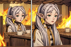 Highly detailed, High Quality, Masterpiece, beautiful, IncrsThisIsFineMeme, lora:ThisIsFineMeme-10:1.2, 1girl, fire, mug, Frieren, anime lineart, 1girl, long hair, pointy ears, elf, green eyes, grey hair, twintails, bangs, parted bangs, ponytail, white hair, earrings, thick eyebrows, Lora:[PONY XL] Frieren - v1.0:1,