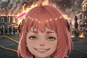 Highly detailed, High Quality, Masterpiece, beautiful, ((1girl)), solo, IncrsDisasterGirlMeme:1, fire, smile, outdoors, lora:anyav2:1>, anya \(spy x family\), lora:IncrsAnyasHehFaceMeme:1, pink_hair, female_child, child, green_eyes, open_mouth, bangs, meme, ahoge, upper_body, frown, medium_hair, grin, smug, bangs, detailed background, outdoors, 
The girl is on the right forefront of the image, (on the left side of the background behind the girl we see a burning building, firefighters, Police black and yellow line do not cross banner Barricade), best quality, 8K, thoughtful composition, professional coloring, from the side,
