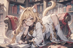 full_body ,girly_hair, golden eyes, scholar, body_suit, dress_shirt, chinese_clothes, elegant white, long golden stockings, confident smile, cat ears, 1 cat tail, nekomata, arrogant, narcissist, laughter, masterpiece, eye_glasses, library, books,
good quality, excellent quality, AIR_BETWEEN_EYES, STAFF, long hair, perfect face, bright pupils (finely detailed). beautiful eyes,
,see-through,transparent bodystocking,FOLK