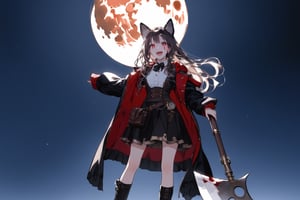 female_solo , slender, full_body, long_hair , wavy_hair, red_eye, dog_ears, dog_tail, bright_pupils, bare_foot , excited, pointy_teeth, gothic_lolita , victoria , steampunk , dark background, night, fullmoon
, blood_on_face , fully_dressed, hooded_jacket , open cloak, axe ,