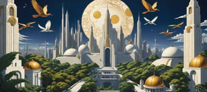 (Futuristic city art), 1920s dream image of the big cities of the future, White marble city with golden details. Art Deco style, (low perspective: 1.2), dark blue sky, (in the style of Winsor McCay: 1.2), Gardens on all roofs and vertical plants, deep colors, Dramatic background. Flying bird like craft, minimal vector, retro, old fashioned, Pompous city, Sculptures