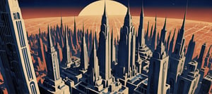 1920s dream image of the big cities of the future, Art Deco style, (aerial perspective: 1.2), dark blue sky, (in the style of Winsor McCay: 1.2), deep colors, Dramatic background, minimal vector, retro, old fashioned, Pompous city, Sculptures,art_booster