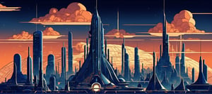 (Futuristic city art), of the future city, (aerial perspective: 1.2), dark blue sky, (in the style of Winsor McCay: 1.2), deep colors, Dramatic background, minimal vector, retro, old fashioned, Pompous city, Sculptures