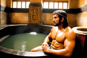 Attila the Hun, was the ruler of the Huns from 434 until his death in 453 AD. He is one of history's most infamous and feared conquerors. Attila the Hun in a Roman bathhouse. Attila is shown with a powerful and muscular physique, being attentively washed by a handsome Roman soldier or slave. The setting is steamy and luxurious, highlighting the intricate details of the bathhouse. The scene suggests a strong, intimate connection between the two figures, focusing on their expressions and the gentle yet firm touch of the Roman attendant. Ensure the depiction is tasteful, emphasizing sensuality and historical accuracy.