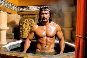 Attila the Hun, was the ruler of the Huns from 434 until his death in 453 AD. He is one of history's most infamous and feared conquerors. Attila the Hun in a Roman bathhouse. Attila is shown with a powerful and muscular physique, being attentively washed by a handsome Roman soldier or slave. The setting is steamy and luxurious, highlighting the intricate details of the bathhouse. The scene suggests a strong, intimate connection between the two figures, focusing on their expressions and the gentle yet firm touch of the Roman attendant. Ensure the depiction is tasteful, emphasizing sensuality and historical accuracy.