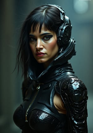 a high-quality digital painting of Sofia Boutella , actress, starring in a science fiction-themed role, inspired by the style of H. R. Giger, 
known for biomechanical art. The image features intricate details, dark and surreal elements, organic shapes mixed with machinery, emphasizing shadows and contrasts.
 Evangeline Lilly is portrayed with a futuristic twist, incorporating Giger's unique aesthetic of blending the organic with the mechanical. 
The background is a dystopian setting, reminiscent of Giger's alien worlds, with eerie lighting and haunting atmosphere.
 This artwork stands out as a fusion of Evangeline Lilly's beauty with the unsettling and mesmerizing style of H. R. Giger