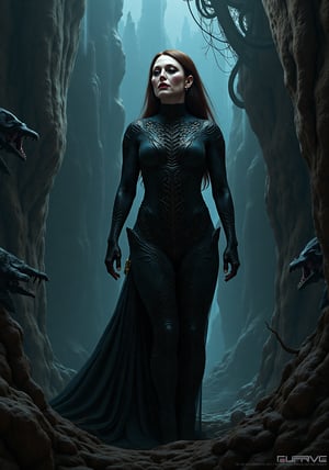 a high quality digital painting of Julianne Moore with the iconic style of H. R. Giger, 
famous for its biomechanical and futuristic designs. Sofia Boutella, a talented and versatile actress known for her roles in movies like "Kingsman: The Secret Service" and "The Mummy".
 The artwork captures Sofia Boutella in a futuristic setting where Giger's intricate and dark style is prominent, 
combining elements of organic and mechanic forms. The image showcases Sofia Boutella in a dynamic pose,
 exuding strength and mystery, surrounded by surreal and otherworldly landscapes inspired by Giger's unique aesthetic. 
The digital painting is detailed, eerie, and mesmerizing, evoking a sense of both beauty and unease. 
This piece is a fusion of Sofia Boutella's striking presence with the haunting and surrealist style of H. R. Giger, 
creating a visually captivating and haunting portrayal of the actress