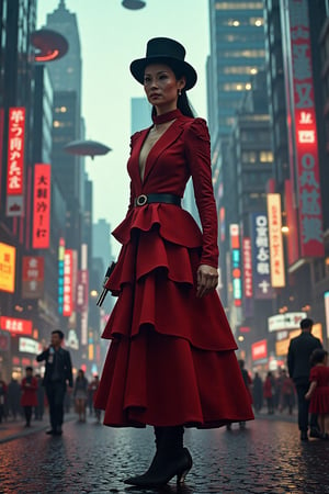 a high quality, cinematic image of [Lucy Liu] in a red dress and a top hat playing the role of a [[cyborg killer]] in a fantasy city. The scene captures her standing tall amidst the futuristic skyscrapers and neon lights of the bustling metropolis. The setting is filled with intricate details like flying airships, floating islands, and mythical creatures roaming the streets. The atmosphere is surreal and magical, transporting the viewer into a world beyond imagination. The lighting is dramatic, casting shadows and highlights that enhance the mysterious and enigmatic nature of the character. This image combines elements of sci-fi and fantasy, creating a visually captivating and immersive artwork.