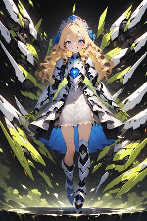 masterpiece, best quality, extremely detailed, high resolution, Japanese anime,1girl, blonde hair, (short length hair:1.4), side braid hair, curly hair, wavy hair, drill hair, curl outward hair, (blue eyes:1.5), (beautiful detailed eyes:1.4), laugh, 12 -year-old , 145cm tall, original character, fantasy,(Mechanical wing:1.5), (black background:1.2), (full body:1.8), beautiful fingers, standing, (Silver lace armor dress:1.5), (Mechanical headdress:1.5) , shoot from front, looking at viewer  ,