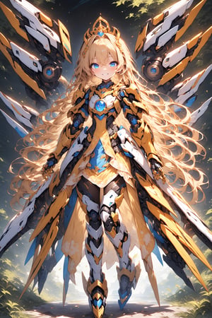 score_9, score_8_up, score_7_up, best quality ,masterpiece, 4k, best quality, extremely detailed, Japanese anime,1girl, blonde hair, (Shoulder length hair:1.4), (blue eyes:1.5), (beautiful detailed eyes:1.4), smile , original character, fantasy, (Mechanical wing:1.5), (black background:1.2), (full body:1.2), beautiful fingers, standing, (golden blue lace mechanical armor:1.5), (Mechanical tiara:1.5) , shoot from front, looking at viewer  ,