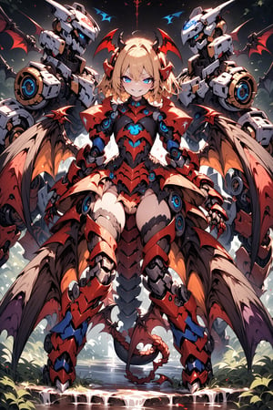 score_9, score_8_up, score_7_up, best quality ,masterpiece, 4k, best quality, extremely detailed, Japanese anime,1girl, blonde hair, short hair, (blue eyes:1.5), (beautiful detailed eyes:1.4), evil smiling , original character, fantasy, (devil wing:1.5), (black background:1.2), Dragon tail, (full body:1.2), beautiful fingers, standing, ( mechanical armor dress:1.5), (Mechanical headgear:1.5) , Open your legs wide., shoot from front, looking at viewer  ,