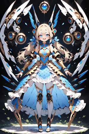 masterpiece, best quality, extremely detailed, high resolution, Japanese anime,1girl, gold hair, twin drills, (mechanical wing:1.2), (eye lashes:1.3), (eye shadow:1.3), (blue eyes:1.5), (beautiful detailed eyes:1.4), laugh, 130cm tall, original character, fantasy, (black background:1.2), (full body:1.8), beautiful fingers, standing, (gold blue lace frill armor dress:1.5), (mechanical headgear:1.5) , shoot from front, looking at viewer ,

