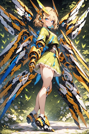 score_9, score_8_up, score_7_up, best quality ,masterpiece, 4k, best quality, extremely detailed, Japanese anime,1girl, blonde hair, (very short length hair:1.4), (blue eyes:1.5), (beautiful detailed eyes:1.4), smile , original character, fantasy, (Mechanical wing:1.5), (black background:1.2), (full body:1.2), beautiful fingers, standing, (golden blue lace mechanical armor:1.5), (Mechanical headgear:1.5) , shoot from side, looking at viewer  ,