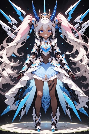 masterpiece, best quality, extremely detailed, high resolution, Japanese anime,1girl, (brown skin:1.2), silver hair, twintails, (mechanical dragonhorn:1.5), (mechanical wing:1.2), (eye lashes:1.3), (eye shadow:1.3), (blue eyes:1.5), (beautiful detailed eyes:1.4), laugh, 130cm tall, original character, fantasy, (black background:1.2), (full body:1.8), beautiful fingers, standing, (pink blue lace frill armor dress:1.5), (mechanical headdress:1.5) , shoot from front, looking at viewer ,
