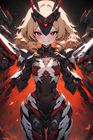 score_9, score_8_up, score_7_up, best quality ,masterpiece, 4k, best quality, extremely detailed, Japanese anime,1girl, darl skin, blonde hair, (medium length hair:1.4), drill hair, red eyes, smallest Breast, (beautiful detailed eyes:1.4), evil smile , original character, fantasy, (Mechanical wing:1.5), (black background:1.2), (full body:1.2), beautiful fingers, standing, (white black mechanical armor dress:1.5), (Mechanical head gear:1.5) , shoot from front, looking at viewer  ,