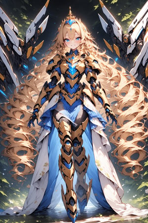 score_9, score_8_up, score_7_up, best quality ,masterpiece, 4k, best quality, extremely detailed, Japanese anime,1girl, blonde hair, (long length hair:1.4), side braid hair, curly hair, wavy hair, drill hair, (blue eyes:1.5), (beautiful detailed eyes:1.4), smile , original character, fantasy, (Mechanical wing:1.5), (black background:1.2), (full body:1.2), beautiful fingers, standing, (golden blue lace mechanical armor:1.5), (Mechanical tiara:1.5) , shoot from front, looking at viewer  ,
