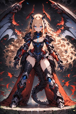 score_9, score_8_up, score_7_up, best quality ,masterpiece, 4k, best quality, extremely detailed, Japanese anime,1girl, blonde hair, inwardly curled hair, (blue eyes:1.5), (beautiful detailed eyes:1.4), evil smiling , original character, fantasy, (devil wing:1.5), (black background:1.2), Dragon tail, (full body:1.2), beautiful fingers, standing, ( mechanical armor dress:1.5), (Mechanical headgear:1.5) , Open your legs wide., shoot from front, looking at viewer  ,