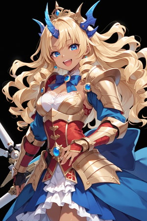 score_9, score_8_up, score_7_up, best quality ,masterpiece, 4k, Japanese anime, 1girl, (dark skin:1.2), medium_hair, blonde hair, drill hair, wavy hair, blue ribbon, (mechanical dragonhorn:1.1), (mechanical wing:1.1), blue eyes, laugh, original character, fantasy, (black background:1.2), beautiful fingers, standing, (blue gold lace frill armor dress:1.2), (mechanical headgear:1.1) , shoot from front, looking at viewer 