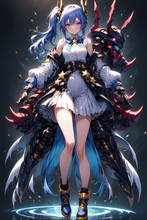 score_9, score_8_up, score_7_up, best quality ,masterpiece, 4k, Japanese anime, 1girl, blue hair, (side ponytail:1.5),giant blue ribbon, (mechanical dragonhorn:1.1), (eye lashes:1.3), (eye shadow:1.3),blue eyes, (beautiful detailed eyes:1.4), laugh, 160cm tall, original character, fantasy, (black background:1.2), (full body:1.8), beautiful fingers, standing, (black white School wear1.5),(GOLD STAR accessory:1.5) (mechanical headgear:1.1) ,axe to grind, shoot from front, looking at viewer