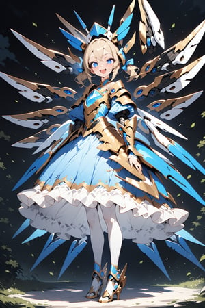 masterpiece, best quality, extremely detailed, high resolution, Japanese anime,1girl, gold hair, twin drills, (mechanical wing:1.2), (eye lashes:1.3), (eye shadow:1.3), (blue eyes:1.5), (beautiful detailed eyes:1.4), laugh, 130cm tall, original character, fantasy, (black background:1.2), (full body:1.8), beautiful fingers, standing, (gold blue lace frill armor dress:1.5), (mechanical headgear:1.5) , shoot from side, looking at left ,
