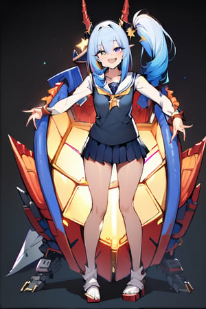score_9, score_8_up, score_7_up, best quality ,masterpiece, 4k, Japanese anime, 1girl, blue hair, (side ponytail:1.5),giant blue ribbon, (mechanical dragonhorn:1.1), (eye lashes:1.3), (eye shadow:1.3),blue eyes, (beautiful detailed eyes:1.4), laugh, 160cm tall, original character, fantasy, (black background:1.2), (full body:1.8), beautiful fingers, standing, (black white School wear1.5),(GOLD STAR accessory:1.5) (mechanical headgear:1.1) ,axe to grind, shoot from front, looking at viewer,defBernie