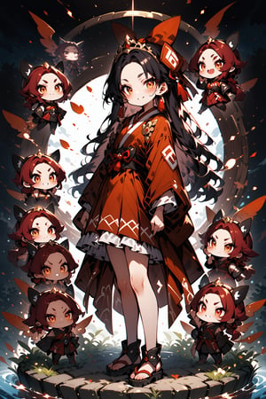  score_9, score_8_up, score_7_up, best quality ,masterpiece, 4k, Japanese anime, (1girl:1.5), black hair, forehead, long hair, smallest breasts, eye lashes, eye shadow, thick eyebrows, brown colored eyes, beautiful detailed eyes, evil Smile, red cheek, 130cm tall, original character, fantasy, black background, beautiful fingers, tunic , head ribbon , tiara, (full body:1.2), shoot from side, looking at side ,
