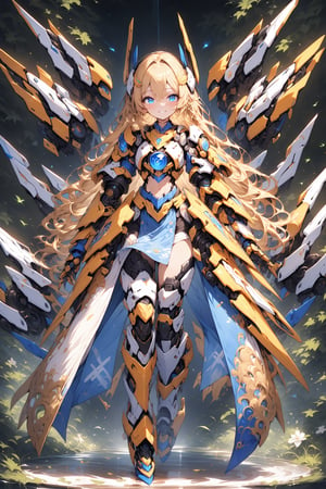 score_9, score_8_up, score_7_up, best quality ,masterpiece, 4k, best quality, extremely detailed, Japanese anime,1girl, blonde hair, (Shoulder length hair:1.4), (blue eyes:1.5), (beautiful detailed eyes:1.4), smile , original character, fantasy, (Mechanical wing:1.5), (black background:1.2), (full body:1.5), beautiful fingers, standing, (golden blue lace mechanical armor:1.5), (Mechanical headgear:1.5) , shoot from front, looking at viewer  ,