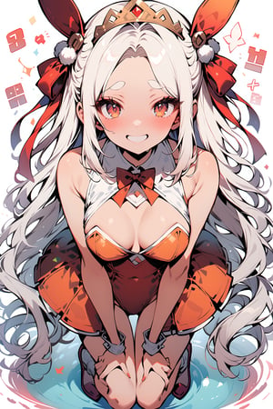  score_9, score_8_up, score_7_up, best quality ,masterpiece, 4k, Japanese anime, (1girl:1.5), white hair, dark skin, forehead, long hair, medium breasts, eye lashes, eye shadow, thick eyebrows, brown colored eyes, beautiful detailed eyes,(giggling:1.5), red cheek, 130cm tall, original character, fantasy, white background, beautiful fingers, bunny suit , head ribbon , tiara, (full body:1.2), shoot from front, looking at Viewer