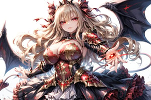 score_9, score_8_up, score_7_up, best quality ,masterpiece, 4k, Japanese anime, 1girl, (long length hair:1.2),drill hair, blonde hair, giant breasts, (eye lashes:1.3), (eye shadow:1.3), red eyes, (silver accessory:1.5), (beautiful detailed eyes:1.4), (evil grim:1.4), red cheek, 130cm tall, original character, fantasy, (demon wing:1.5),(White background:1.5), beautiful fingers, (red gold lace frill Gothic armor dress:1.5), (black tiara:1.5) ,(head ribbon:1.5), fighting pose ,shoot from front, looking at viewer ,mirham,scenery,glass