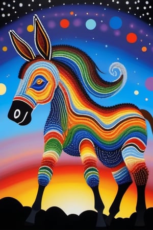 A multi-coloured "DONKEY SHAPE " ABORIGINAL DOT PAINTING style in the sky,  "CURL WAVY STYLE".