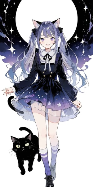 1girl, solo_female, puple hair, long hair, two ponytails, lavender hair, black cat ears, 1cat tail, black cat tail, purple dress with black laces, socks, purple and white striped socks, long knee length socks, blue cat eyes, cat pupils in the eyes, aesthetic, standing, smiling, wide smile, cat teeth, BIG_CAT_PUPILS, black pupils ,mischevious grin