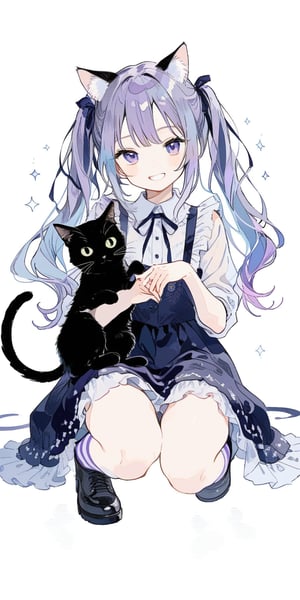 1girl, solo_female, puple hair, long hair, two ponytails, lavender hair, black cat ears, cat tail, black cat tail, purple dress with black laces, socks, purple and white striped socks, long knee length socks, blue cat eyes, cat pupils in the eyes, aesthetic, crouching, supporting hands, smiling, wide smile, cat teeth