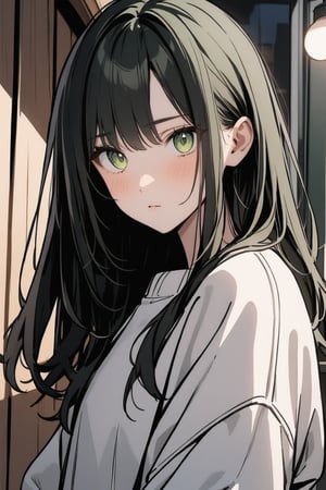 1girl, solo_female, long hair, black hair, masterpiece, white sweatshirt, deep green eyes, cold expression, looking_at_the_viewer, wearing white denim shorts, portrait, closeup, tall girl, simple_background, outdoors in a cafe, starbucks, bright lighting, dramatic lighting, beautiful, lineart,txznf, standing
