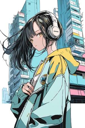 high details, high quality, beautiful, awesome, wallpaper paint art, urban tokyo, cool tone, urban tokyo, retro anime, golden eyes, black hair, pale skin, side face, with headphones, fashion pose, shadow details, epic draw, complex background, buildings in the background