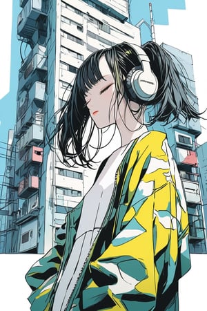 high details, high quality, beautiful, awesome, wallpaper paint art, urban tokyo, cool tone, urban tokyo, retro anime, close eyes, black hair, pale skin, side face, with headphones, fashion pose, shadow details, epic draw, complex background, buildings in the background