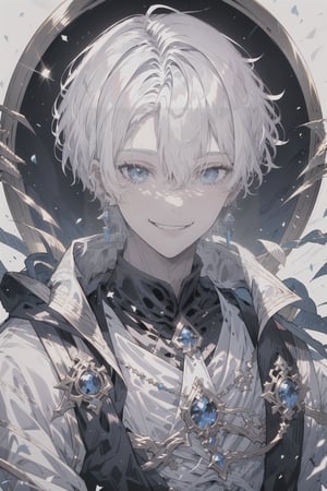 1boy, short hair, white hair, bright lighting, light shining on hair, white background, sitting, prince, blue eyes, pale skin, looking_at_viewer, grinning, smile, close up, portrait, white royal attire, silver long earpiercing, masterpiece, best quality, amazing quality, white aesthetic, very aesthetic,1guy