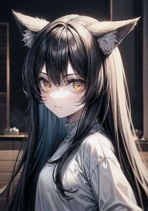 1girl, solo_female, long hair, black hair, masterpiece, wolf ears, wolf tail, white wolf ears, white wolf tail, white sweatshirt, gold eyes, cold expression, looking_at_the_viewer, wearing white denim shorts, portrait, closeup, tall girl, simple_background, indoors, chinese interior, rim lighting, dramatic lighting, beautiful, lineart,txznf