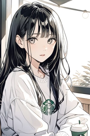 1girl, solo_female, long hair, black hair, masterpiece, white sweatshirt, green eyes, cold expression, looking_at_the_viewer, wearing white denim shorts, portrait, closeup, tall girl, simple_background, outdoors in a cafe, starbucks, bright lighting, dramatic lighting, beautiful, lineart,txznf, standing