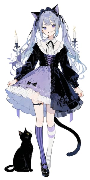 1girl, solo_female, puple hair, long hair, two ponytails, lavender hair, black cat ears, cat tail, black cat tail, purple dress with black laces, socks, purple and white striped socks, long knee length socks, blue cat eyes, cat pupils in the eyes, aesthetic, standing, smiling, wide smile, cat teeth, big cat pupils, mischevious grin