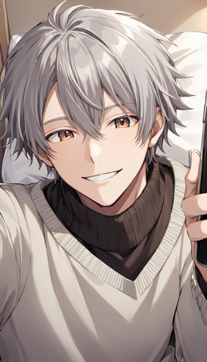 solo, smilling, 1boy, holding, brown eyes, male focus, gray hair with white tips, sweater, pillow, phone, cellphone, smartphone, holding phone, ;\), selfie,tensura_style